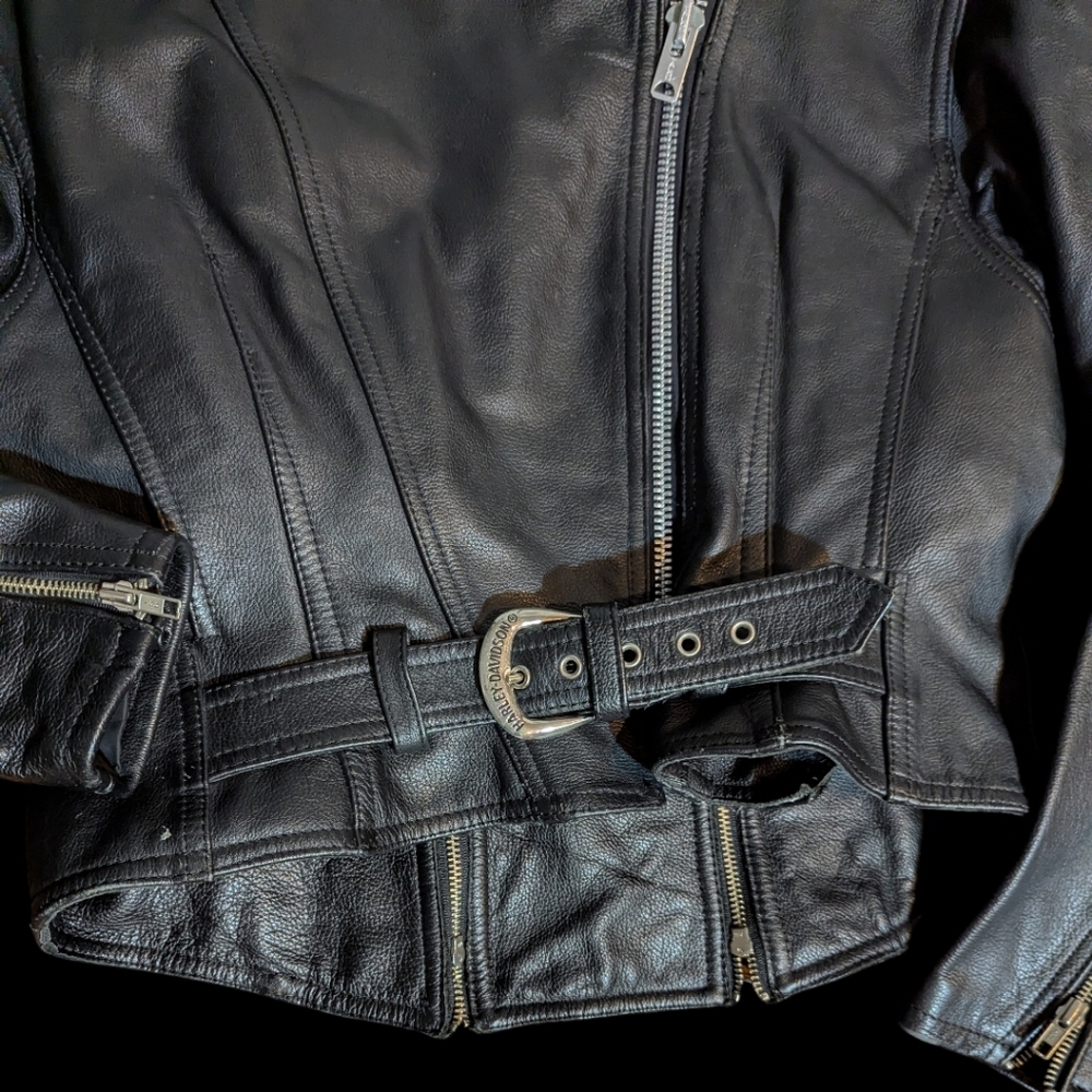 Vtg Harley Davidson Black Leather Jacket Studded Detailing Zippers Moto Sz L - Picture 12 of 14